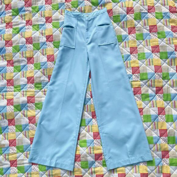 Vintage 70s Light Blue High Rise Wide Leg Pants Disco // Size 25" XS - Picture 1 of 8
